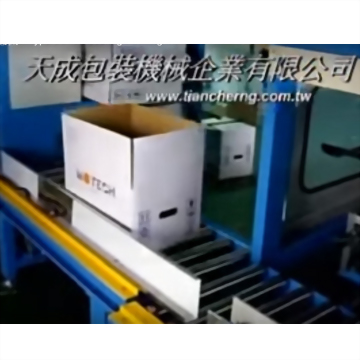 A white cardboard box with 'WOTECH' printed on it moves along a roller conveyor belt within blue industrial packaging machinery.
