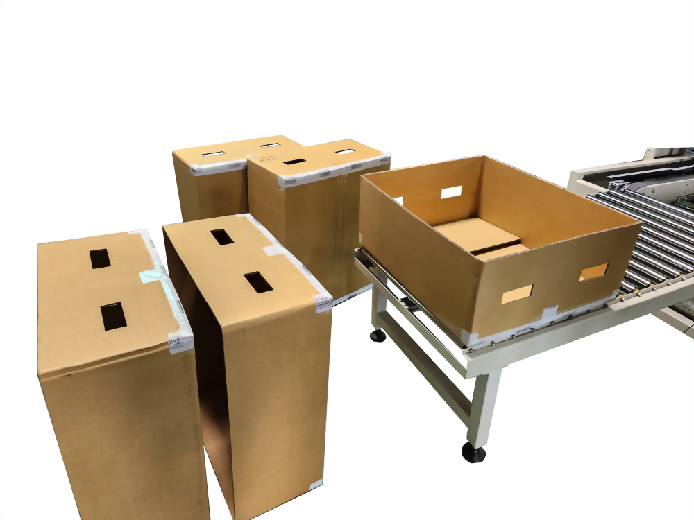 Several brown cardboard boxes, some closed and upright, with one open box on a roller conveyor system, are displayed against a white background.