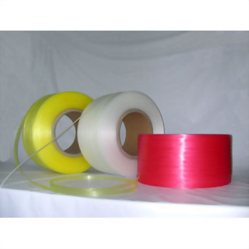 Rolls of yellow, white, and red PP strapping bands