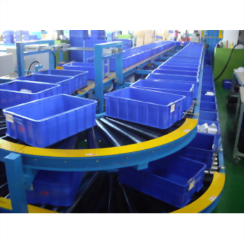 Industrial conveyor system blue bins factory