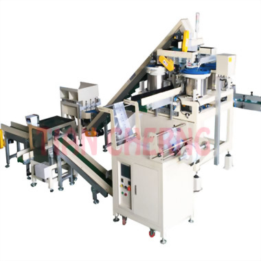 Detail of the conveyor belt system on an industrial packaging machine.