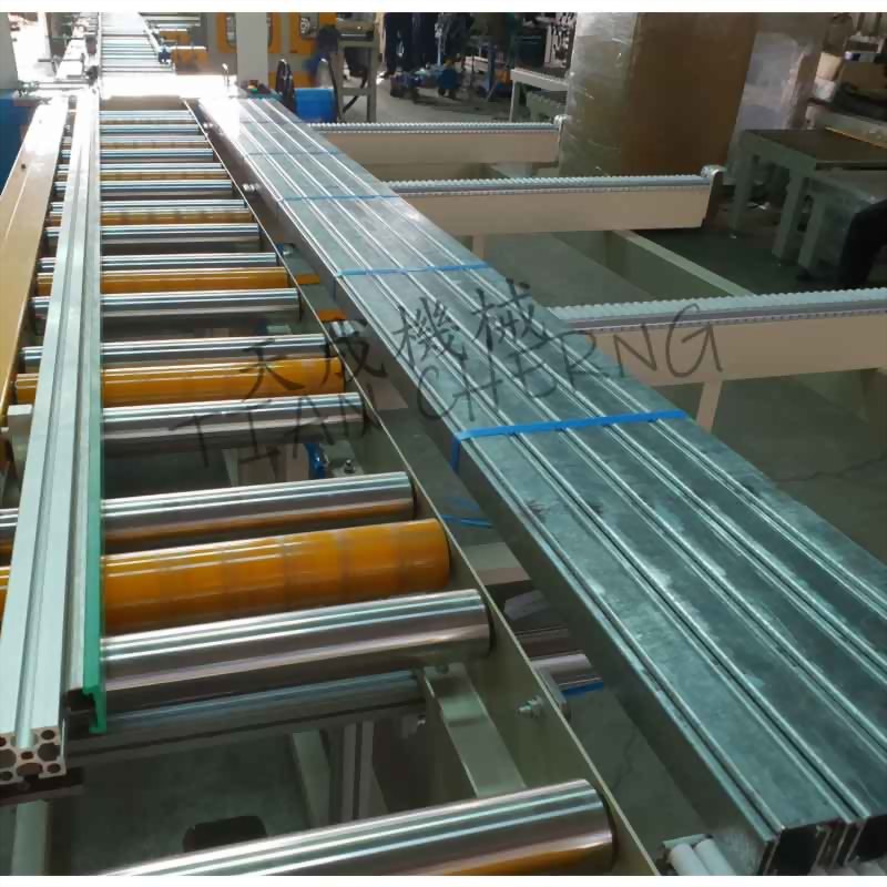 Industrial roller conveyor metal channels transport