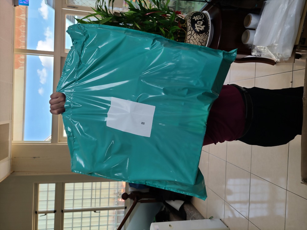 Person holding large teal shipping bag package