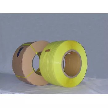 A roll of yellow tape next to a roll of brown economy strapping tape